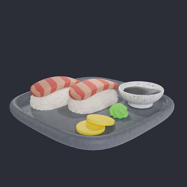 PSD un dipinto di sushi e salsa su un piatto con uno sfondo nero.