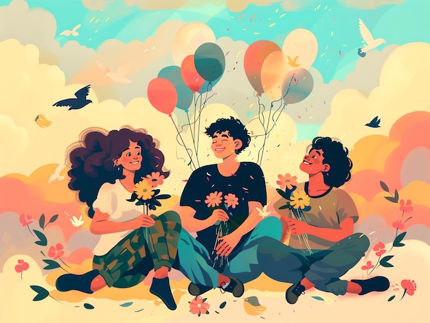PSD a painting of three people sitting on the ground with balloons and the words quot the one who is hol