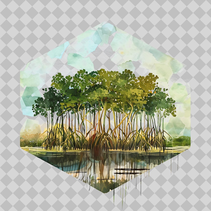 PSD a painting of trees and a water feature with a water drop