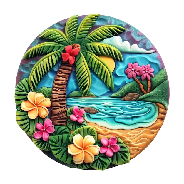 PSD a painting of a tropical island with a palm tree and water