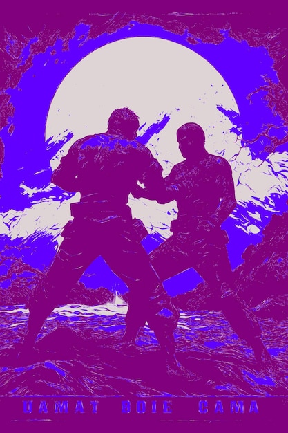 A painting of two men fighting with a moon in the background