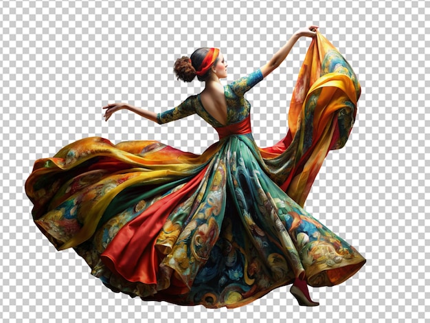 PSD painting of a women wearing long multicolor dress and dancing