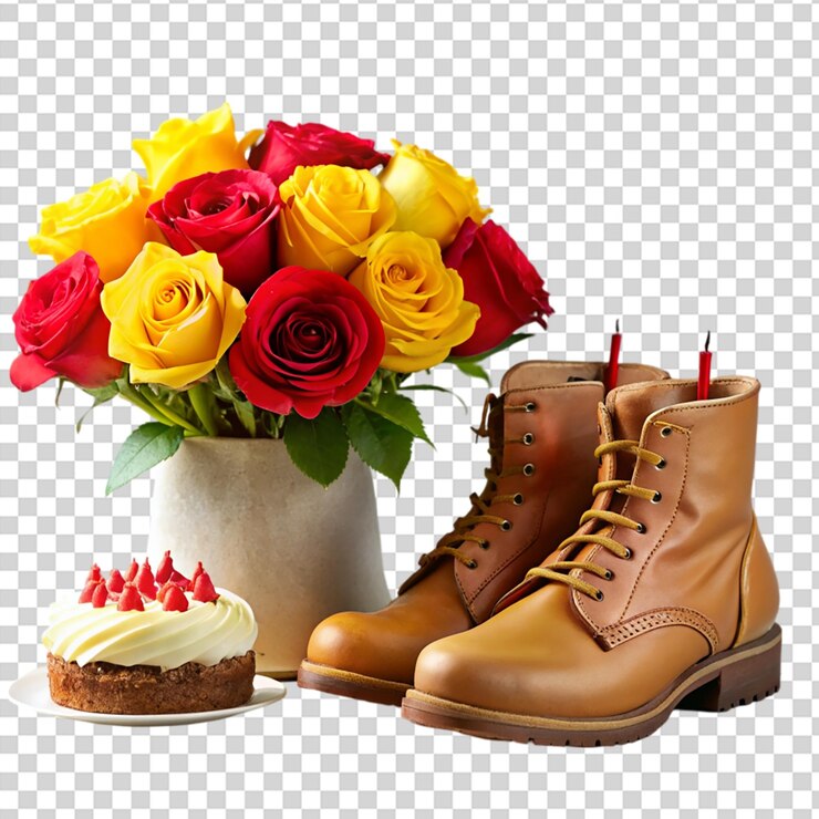 PSD a pair of boots and a vase of roses on transparent background