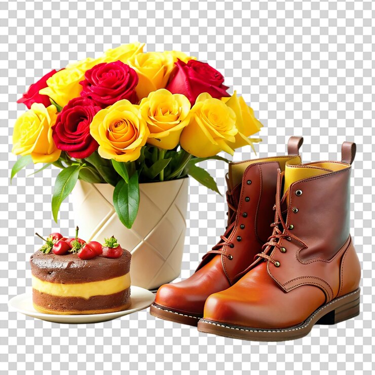 PSD a pair of boots and a vase of roses on transparent background