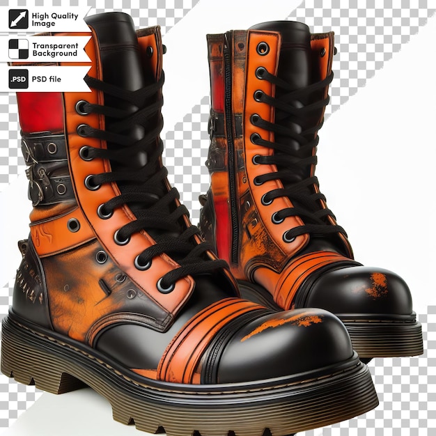 A pair of boots with orange and black stripes
