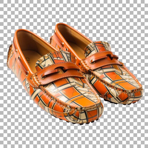 A pair of brown shoes with orange stripes on a transparent background