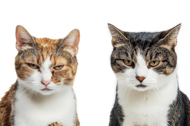 PSD a pair of contemplative cats leaning together one displaying a hint of sadness while the other appears calm and reflective in soft light