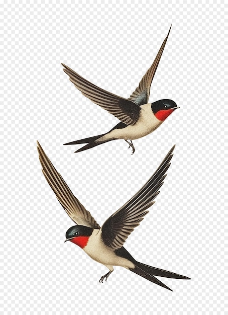 PSD pair of flying swallows isolated on transparent background oldstyle illustration with grain