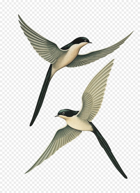 PSD pair of flying swallows isolated on transparent background oldstyle illustration with grain