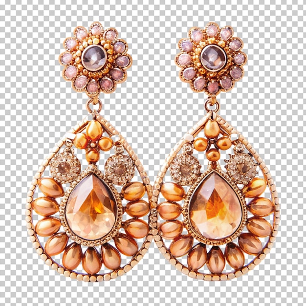 PSD a pair of gold earrings with red stones and rubies on transparent background