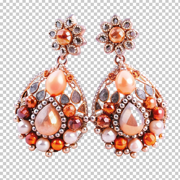 PSD a pair of gold earrings with red stones and rubies on transparent background