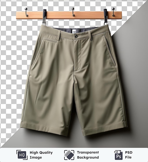 PSD a pair of gray shorts hang on a wooden hanger against a white wall