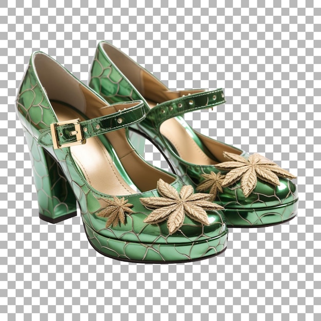 A pair of green shoes with gold leaves on the bottom