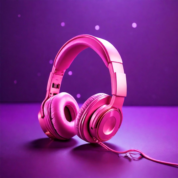 A pair of headphones is placed on a purple background