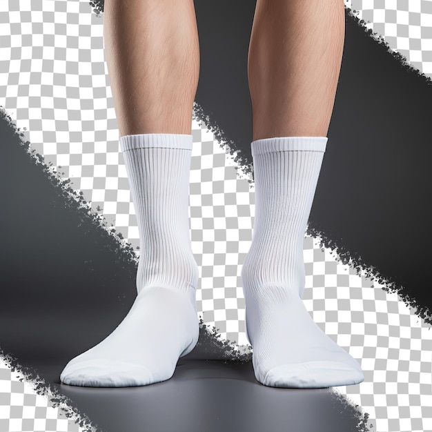 PSD a pair of men's legs wearing white socks with a black background.