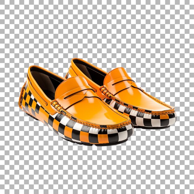 PSD a pair of orange shoes with black stripes and a black and white checkered band