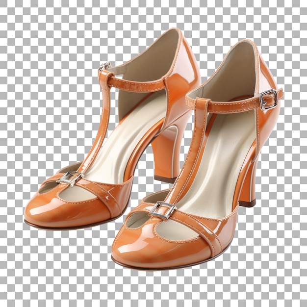 PSD a pair of orange shoes with silver straps and orange heel