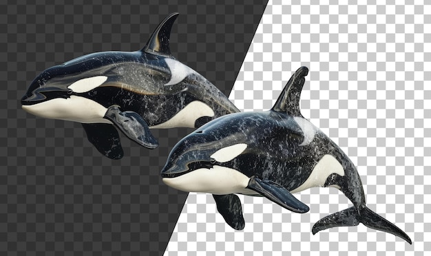 Pair of orcas swimming together in the ocean on transparent background stock png