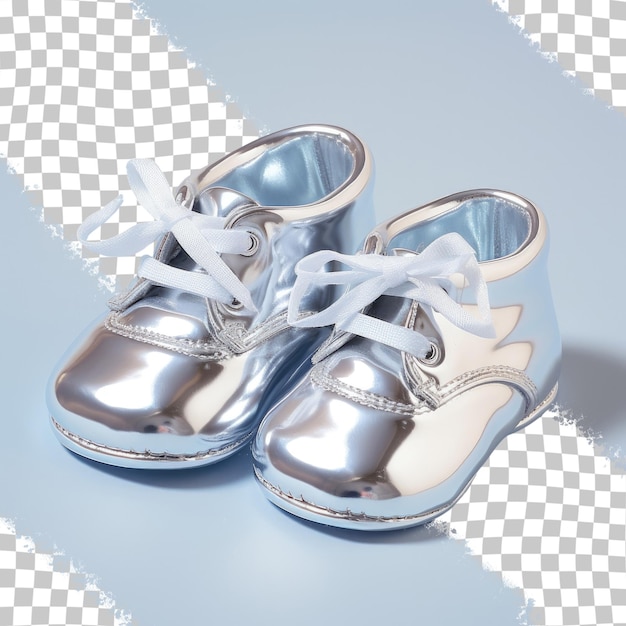 A pair of silver shoes with a white ribbon tied around the bottom.