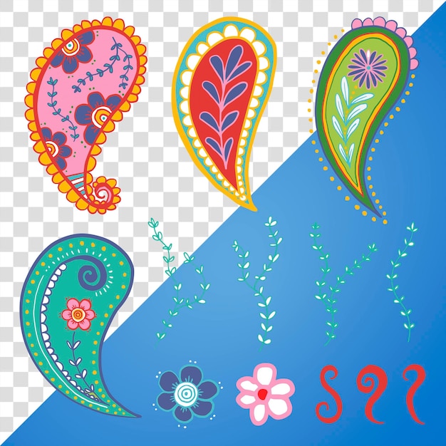 Paisley floral png sticker Indian traditional illustration in colorful set