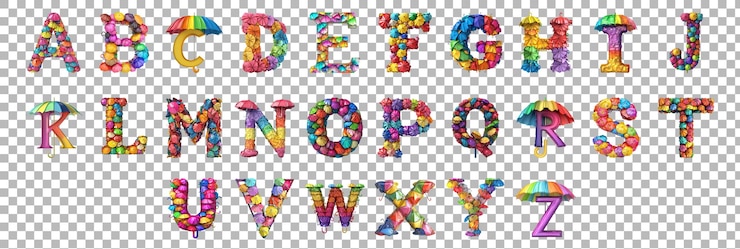 PSD pak alfabetten van a tot z in kleurrijke paraplu-stijl tegen een doorzichtige achtergrond voor leuke ontwerpen speelse branding of typografie met zomertema's