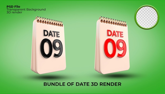 pakiet ilustracji renderowania 3D numer data 09 dla dnia tygodnia wydarzenia, święta, kalendarza 3D, harmonogramu 3D