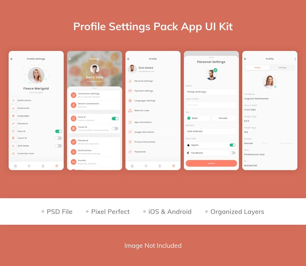 PSD pakiet ustawień profilu zestaw ui aplikacji