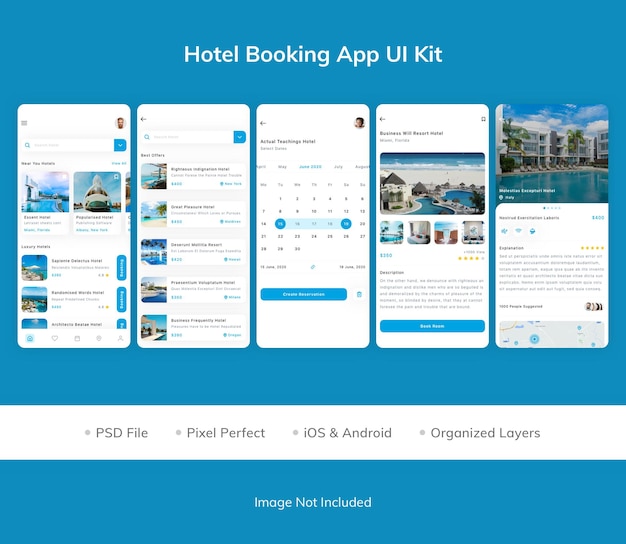 PSD pakiet zestawu ui aplikacji do rezerwacji hoteli
