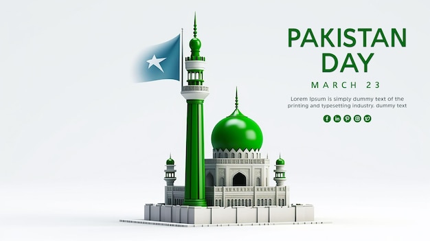 Pakistan day celebration and pakistan minar design with pakistan flag