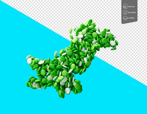 PSD pakistan map made with green and white candies 3d illustration