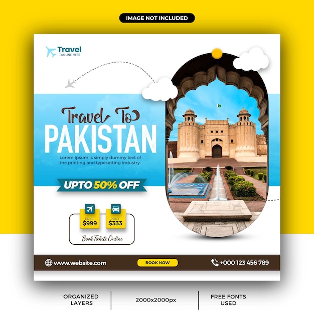 Banner per viaggi e tour in pakistan o modello di post sui social media per le vacanze