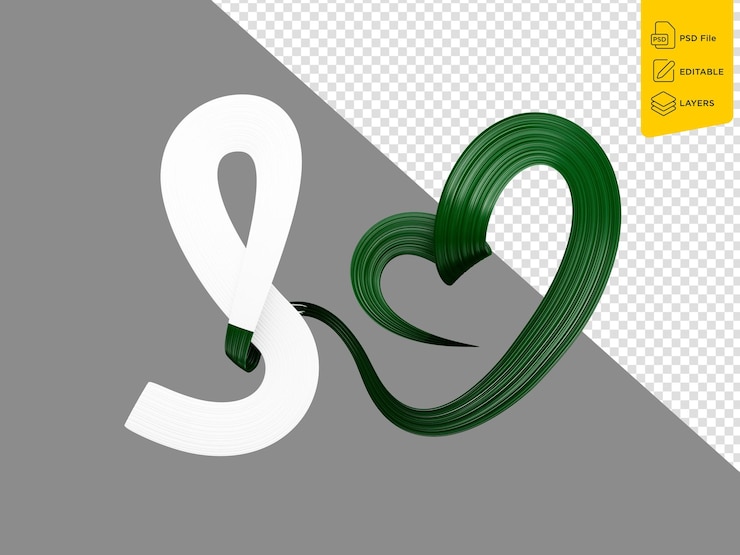 PSD pakistani flag heart shape wavy awareness ribbon flag on grey background 3d illustration