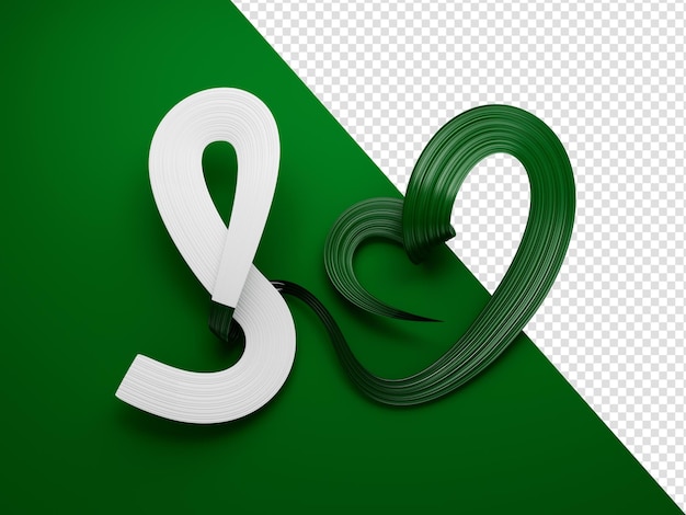 Pakistani flag heart shape wavy ribbon 3d illustration