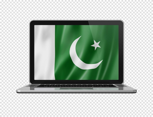 Пакистанский флаг на экране ноутбука изолирован на белой 3D иллюстрации