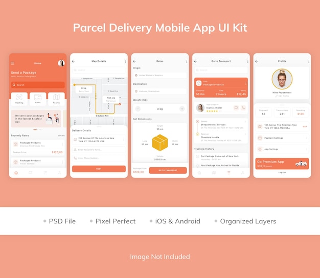 PSD pakketbezorging mobiele app ui kit