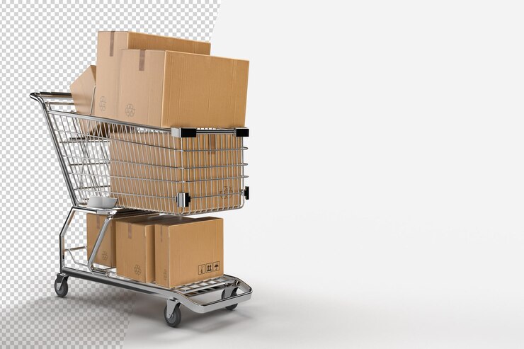 PSD pakowanie kartonów papierowych do wózków sklepowych. koncepcja magazynowania dostaw, ładunków, logistyki i transportu. renderowanie 3d