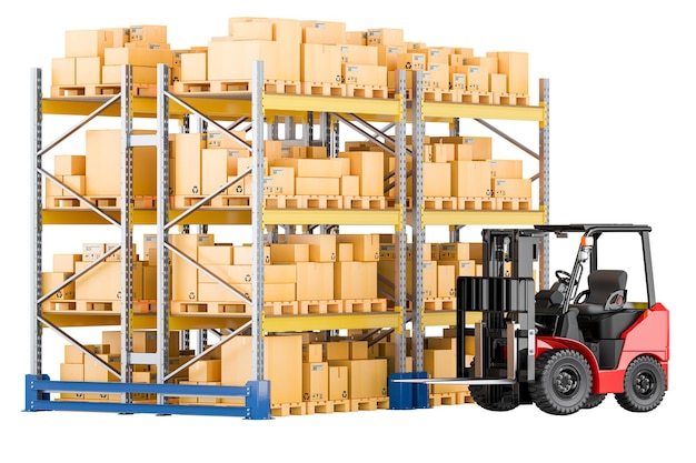 PSD pallet racks and warehouse forklift truck with cardboard boxes 3d rendering isolated on transparent background