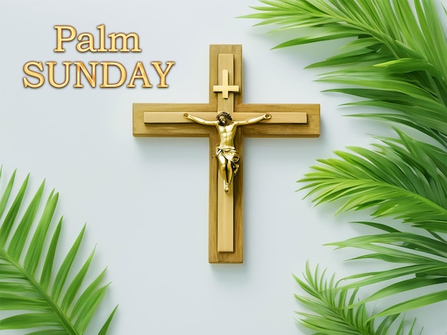 PSD palm leaf background palm sunday poster with palm branches and cross