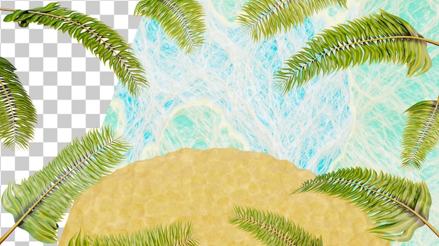 PSD palm leaves 3d palm branches on the background of a sandy island and the ocean tropical background