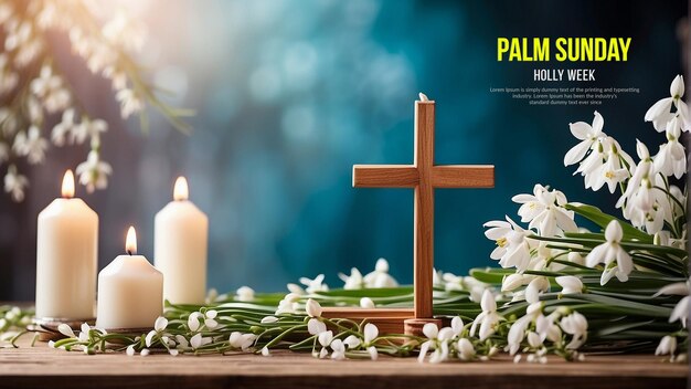 PSD Шаблон баннера пальмового воскресенья для христианского праздника с листьями пальмы и крестом