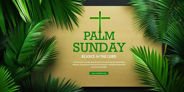 Palm sunday banner template with palm branches and cross in a stylish flat lay background