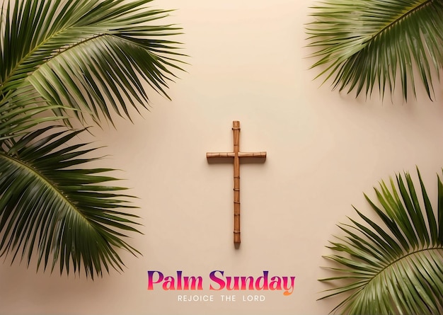 Palm Sunday concept Christian cross with natural palm tree branches on cream color background