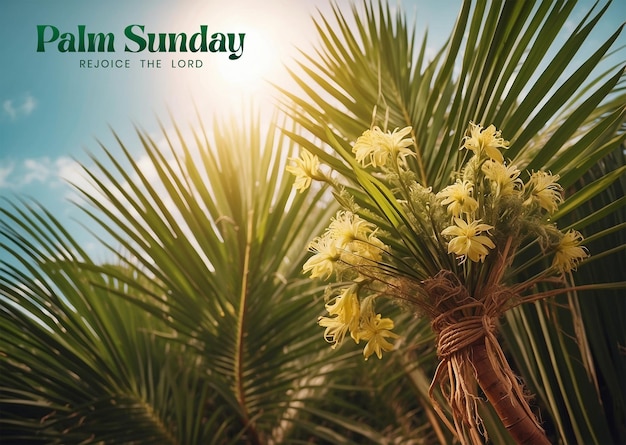 PSD concetto della domenica delle palme rami naturali di palme con fiori sullo sfondo