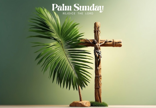 Palm Sunday concept palm tree branch on the canvas with wooden Christian cross