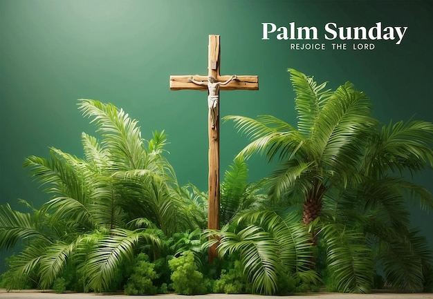PSD palm sunday concept palm tree branches cover below side the canvas with wooden christian cross