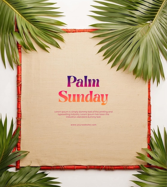 PSD palm sunday concept palm tree branches on edges of the canvas with christian cross