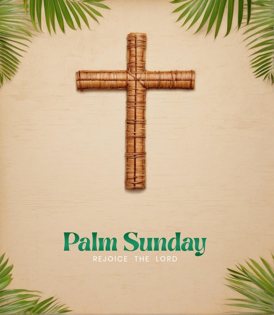 Palm sunday concept palm tree branches on edges of the canvas with christian cross
