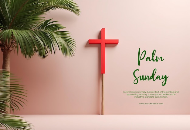 Концепция Пальмового воскресенья: ветви пальмовых деревьев на левой стороне холста на светло-красном фоне