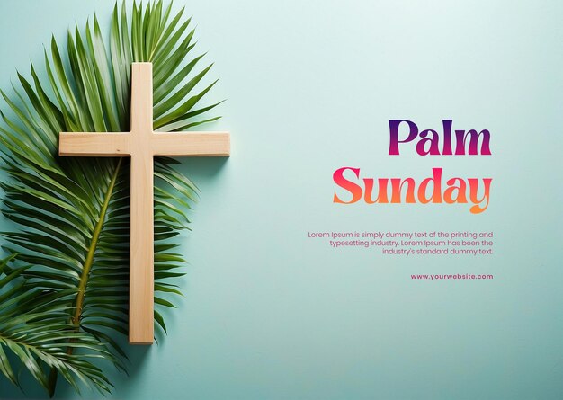 PSD palm sunday concept palm tree branches on left side of the canvas with wooden christian cross