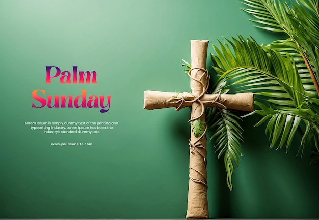 Palm Sunday concept palm tree branches on right side the canvas with wooden Christian cross